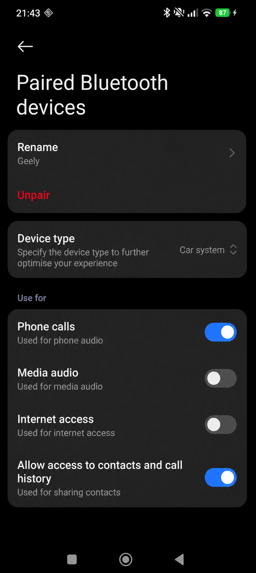 Završne Bluetooth postavke uređaja Geely