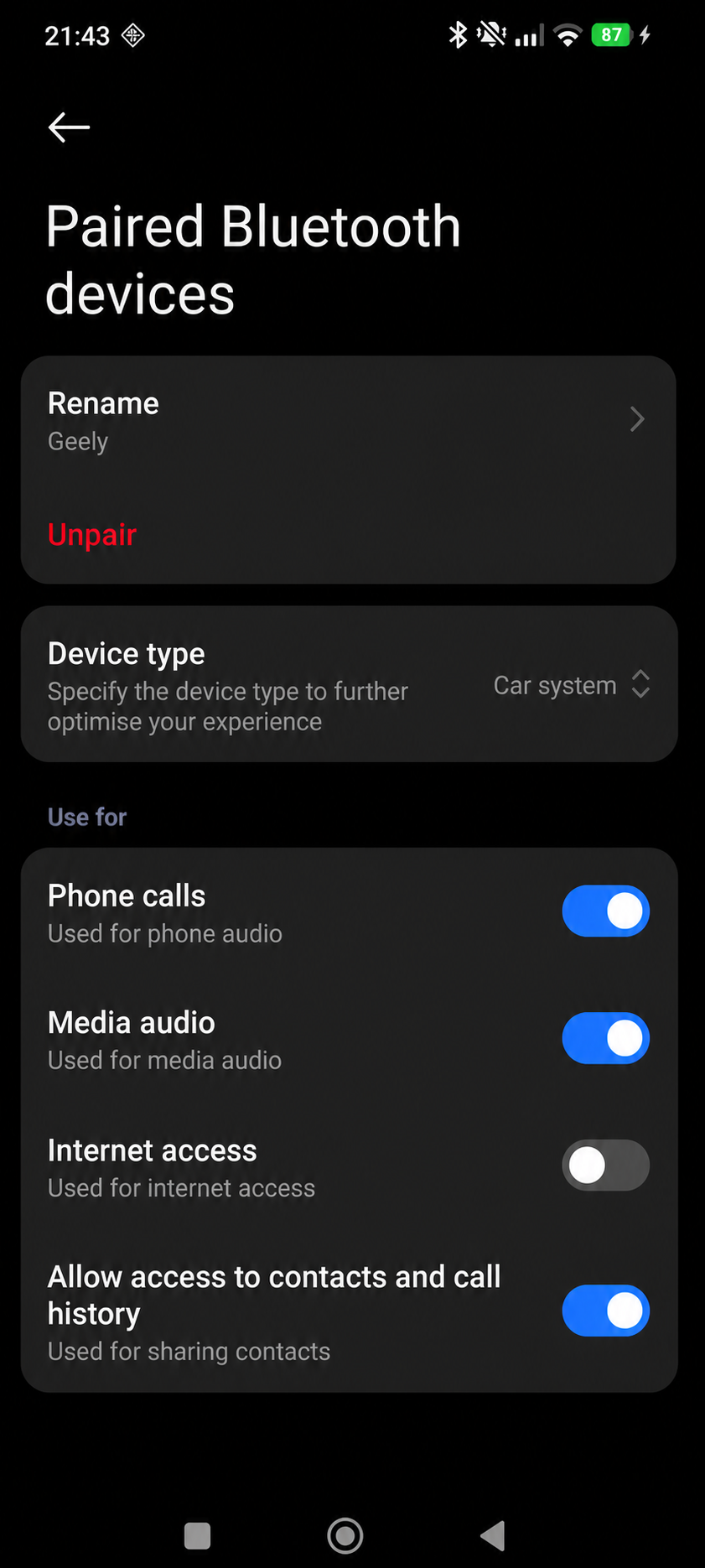 Završne Bluetooth postavke uređaja Geely