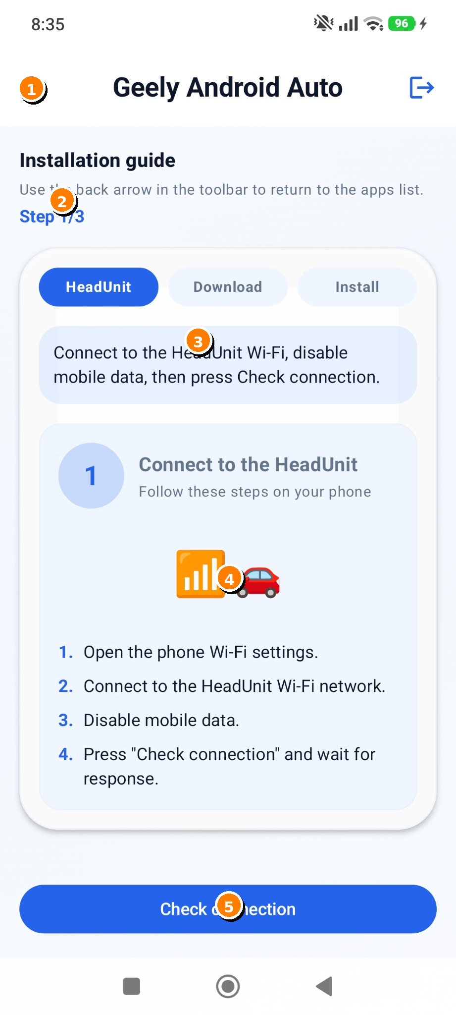 Označeni prikaz koraka 12: 12. Step 1/3 – povezivanje na HeadUnit Wi-Fi